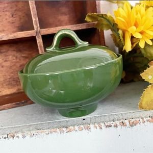 Vintage Bowl Handled Lid Dark Green Ceramic Pottery Farmhouse Kitchen